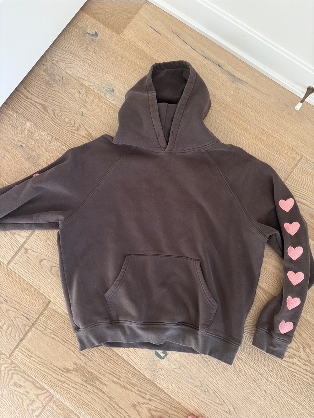 Women’s Brown Hoodie with Pink Heart Sleeve Detail